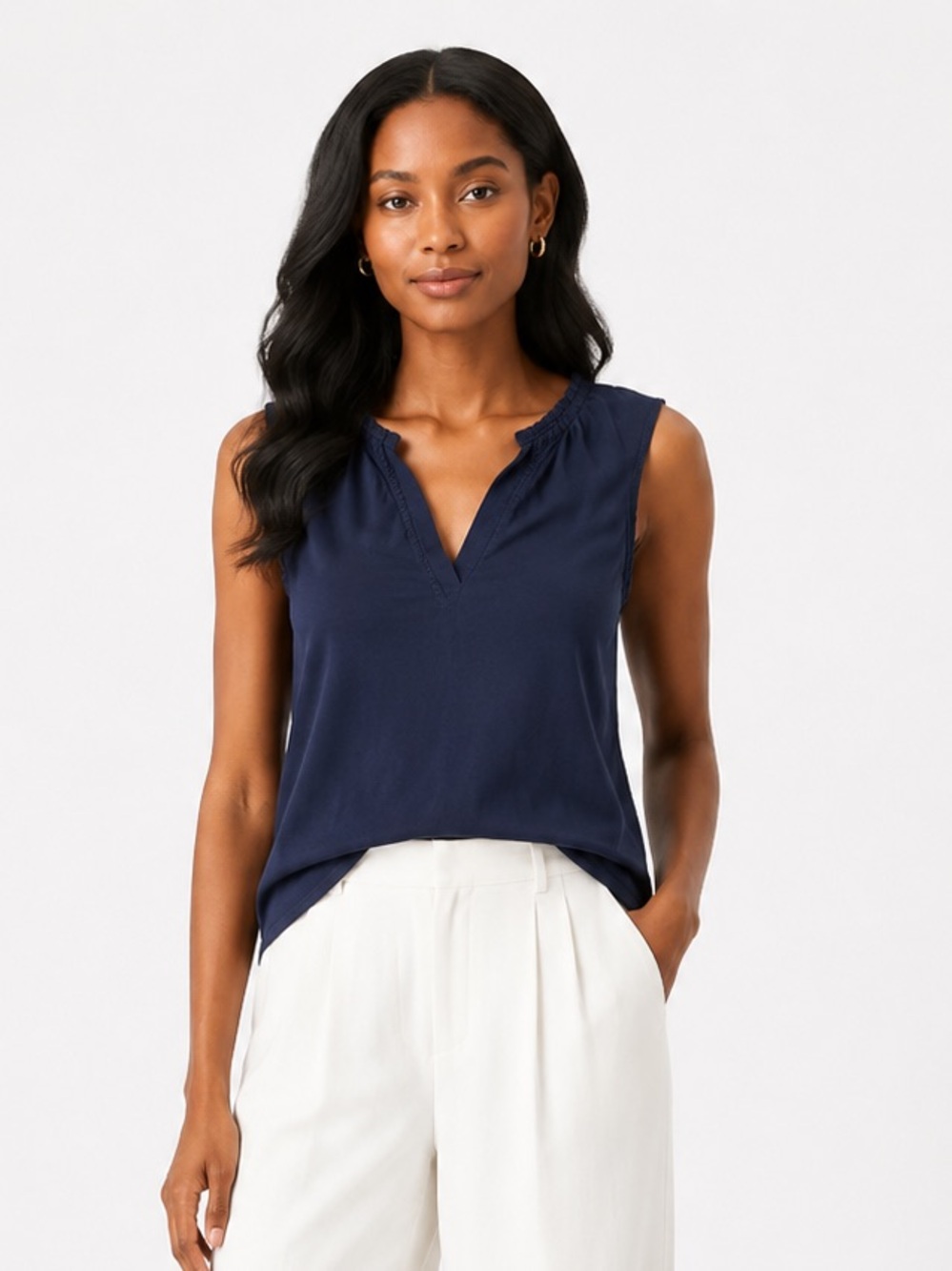 Gap Tank Top Ruffle Neckline Shell Navy Blue Size XS Office Classic Momcore